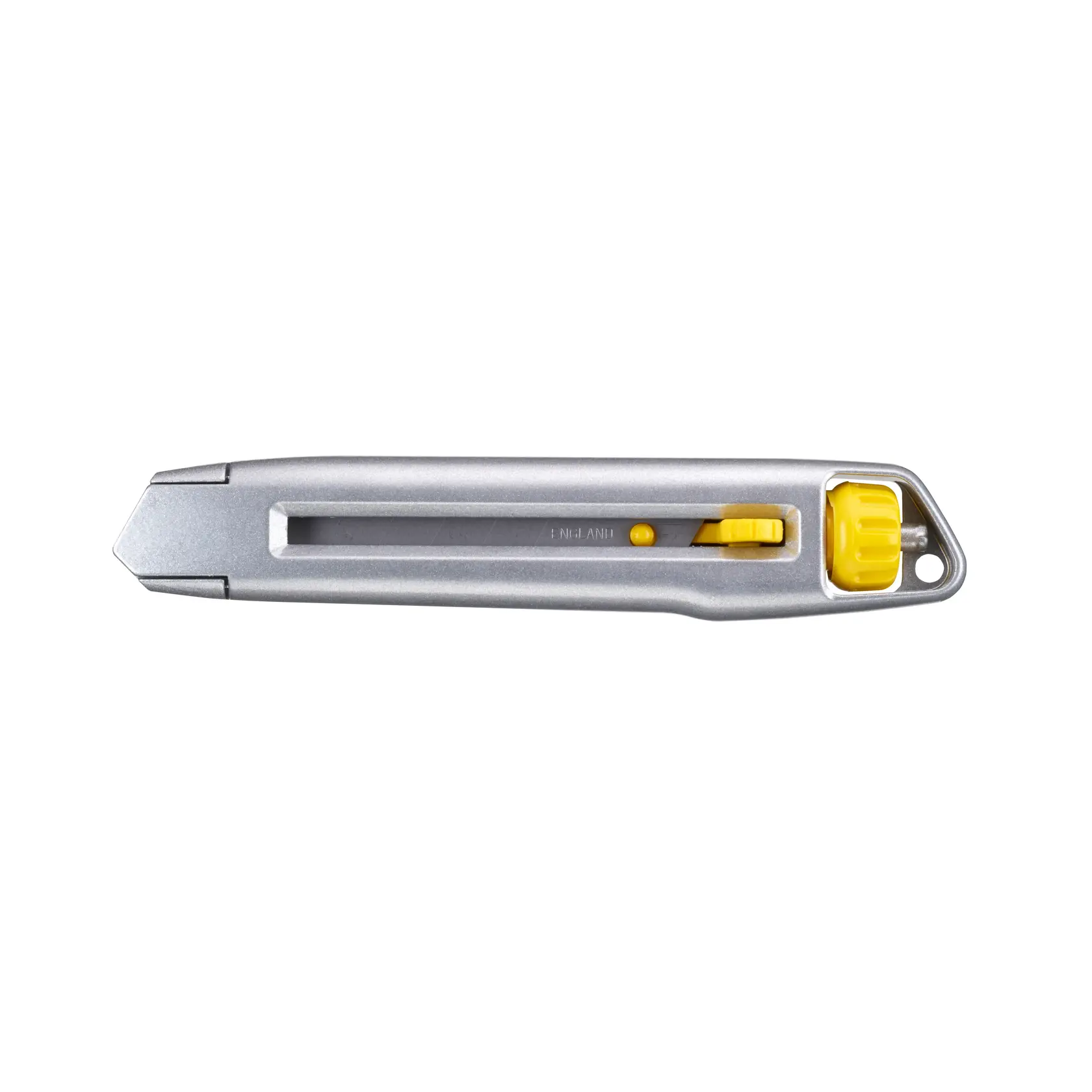 Photo of STANLEY 0-10-018 utility knife with silver body and yellow accents, top angle on white background.