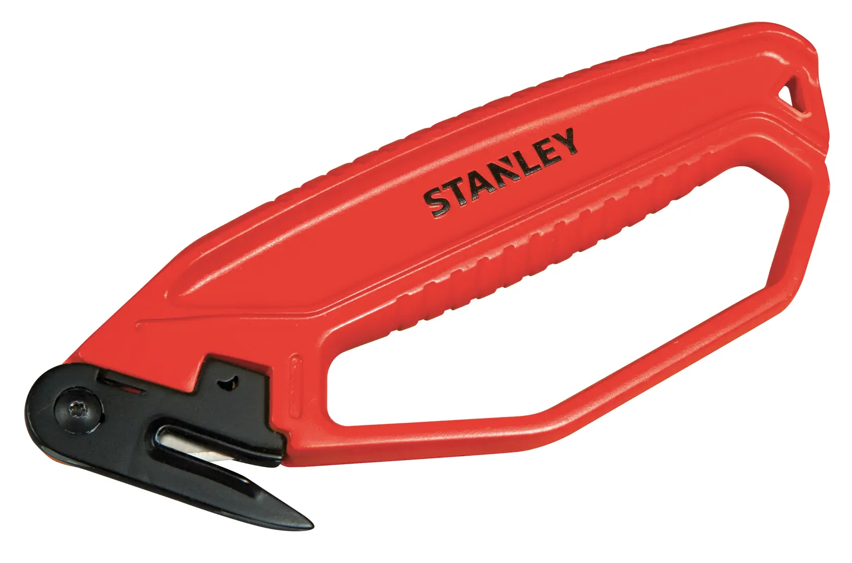 Red STANLEY safety knife with ergonomic handle and guarded blade for cutting packaging or tape.