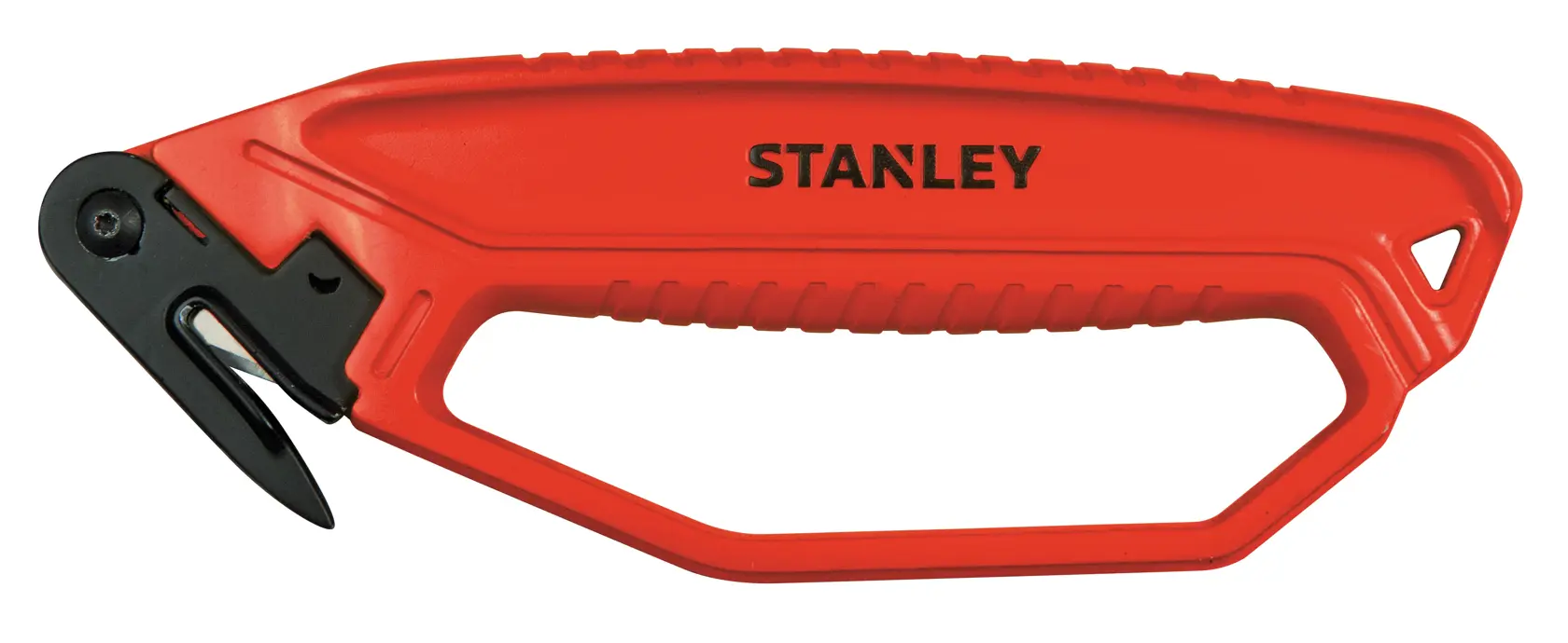 STANLEY 0-10-244 safety knife with red ergonomic handle, side view, on white background.