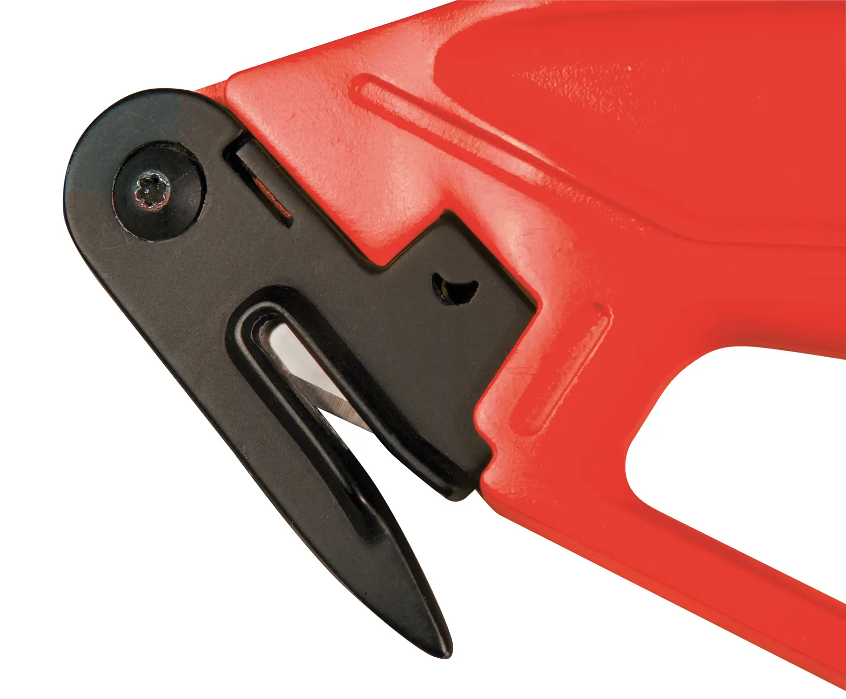 STANLEY 0-10-244 safety knife close-up, showing black hooked blade and red handle, product photography.