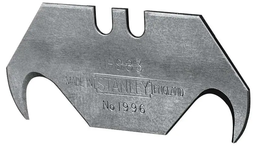STANLEY 0-11-983 hook utility blade, silver, angled view on white background.