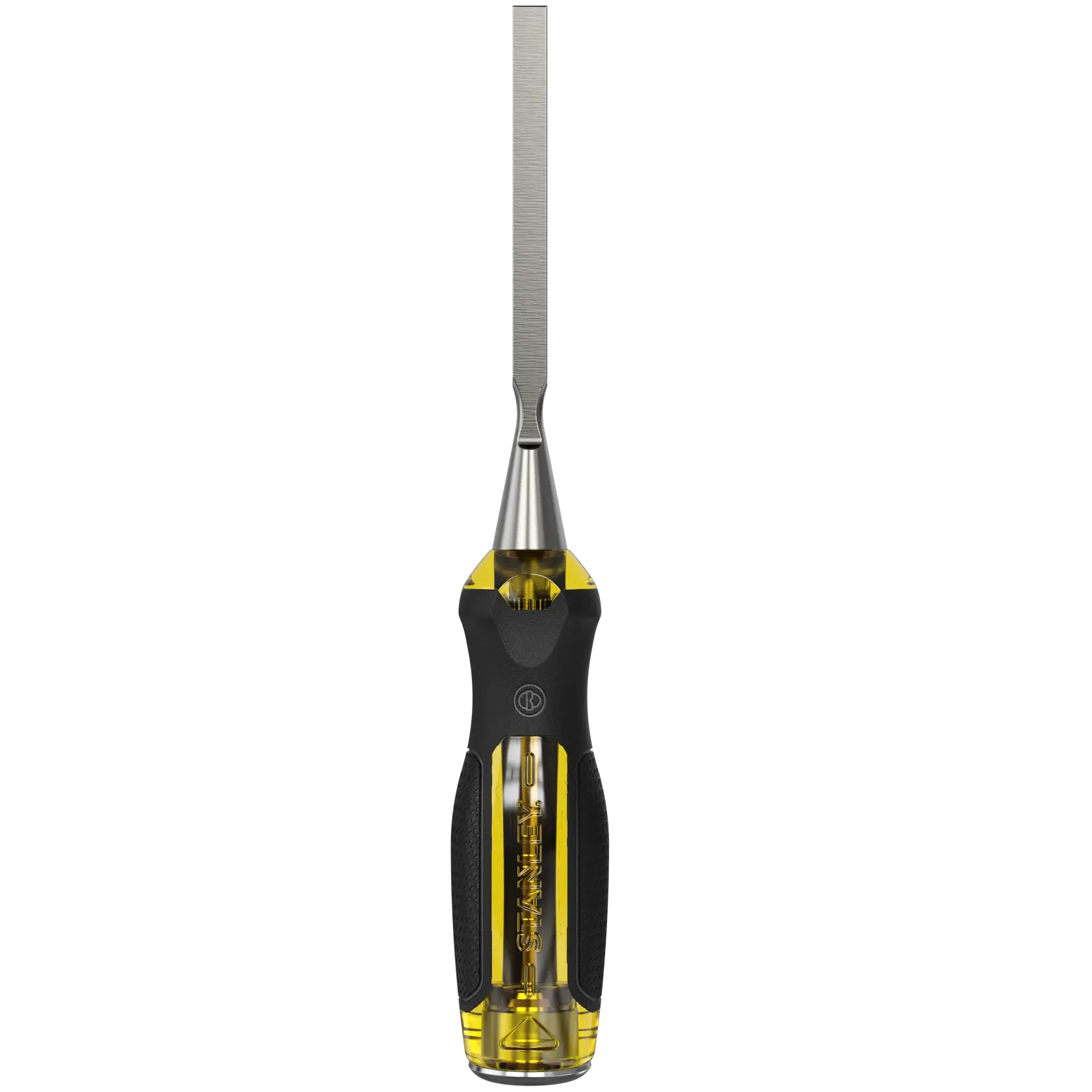 STANLEY 0-16-252 chisel with yellow and black ergonomic handle, front angle on white background.