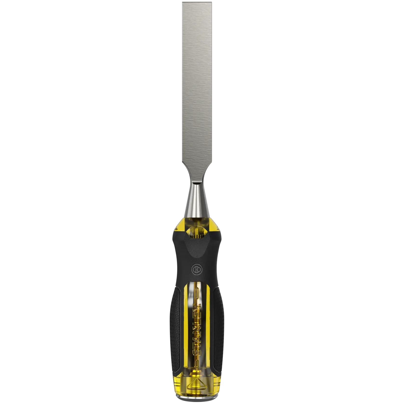 STANLEY 0-16-259 wood chisel, clear and black bi-material handle, straight-on white background.