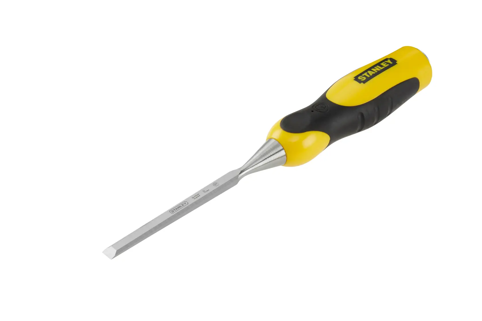 Stanley woodworking chisel with yellow and black handle, flat metal blade, shown against a white background.