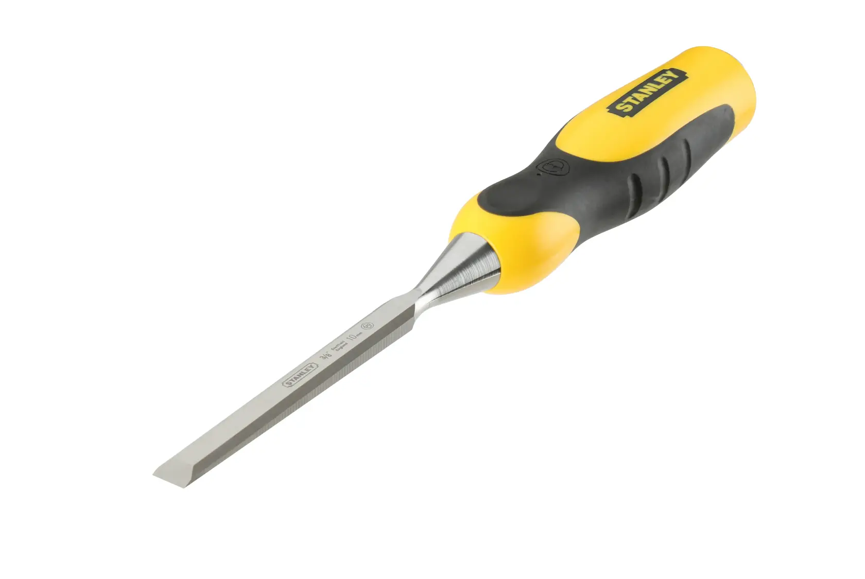 Stanley chisel with yellow and black handle and metal blade on white background.