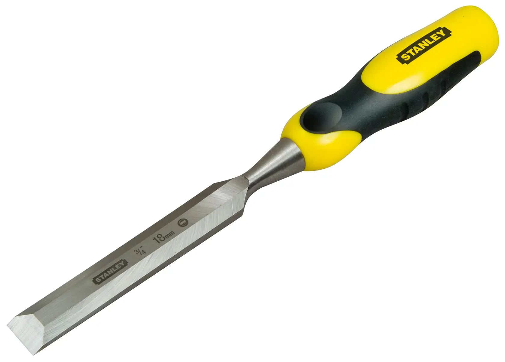 Stanley chisel with yellow and black handle, used for woodworking and carving.