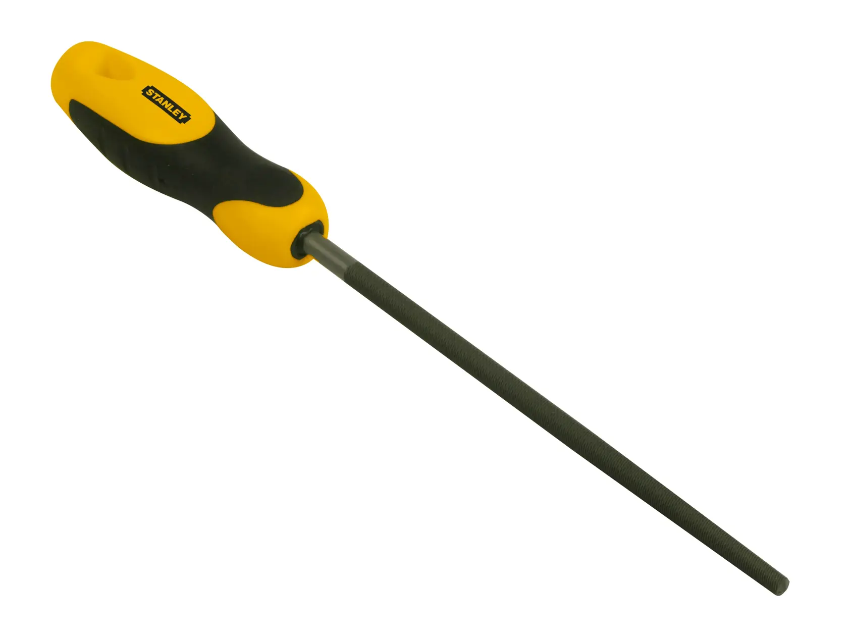 Stanley round file with yellow and black handle, tool used for shaping or smoothing metal surfaces.