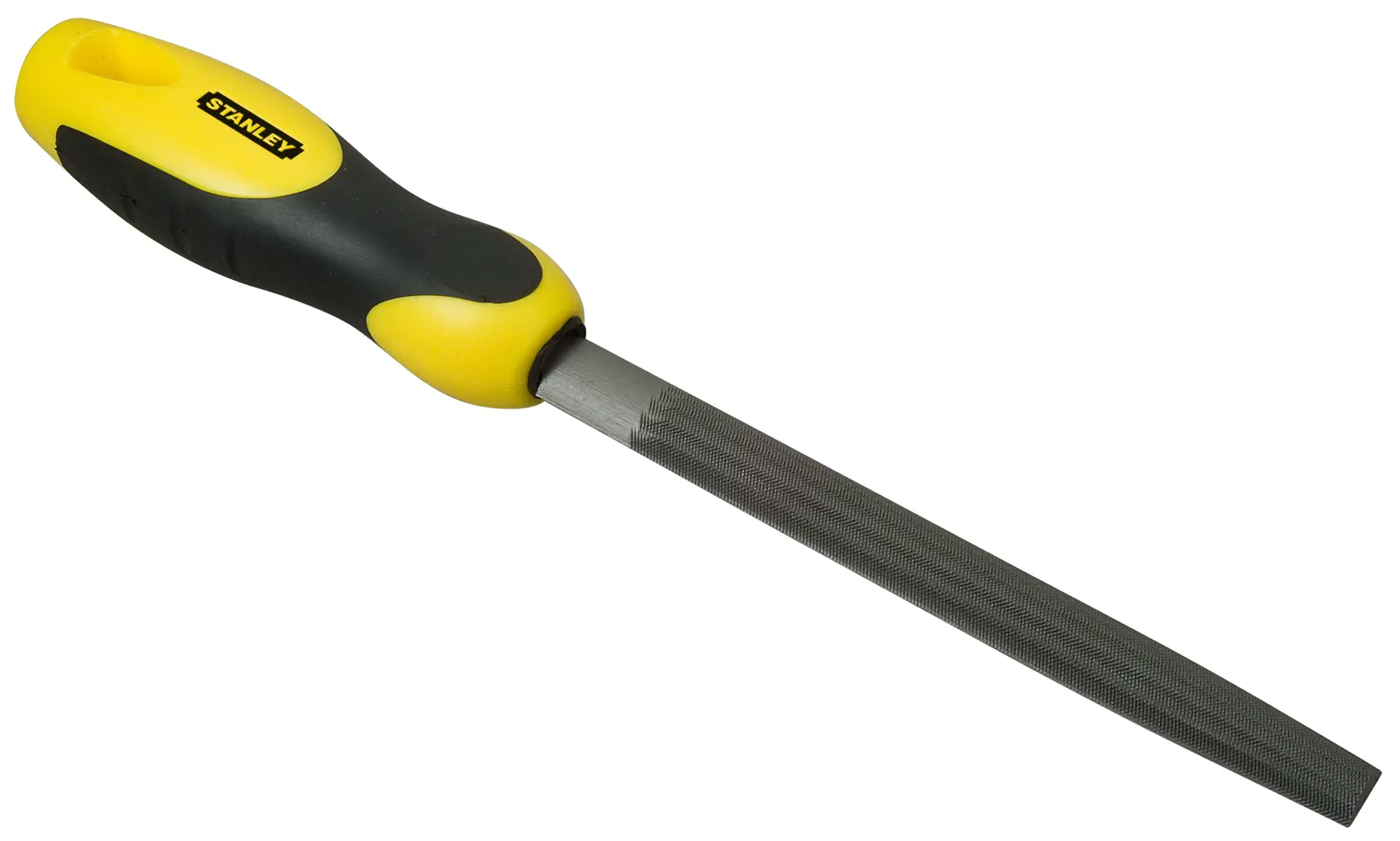 Stanley round file with yellow and black handle, used for smoothing metal surfaces.
