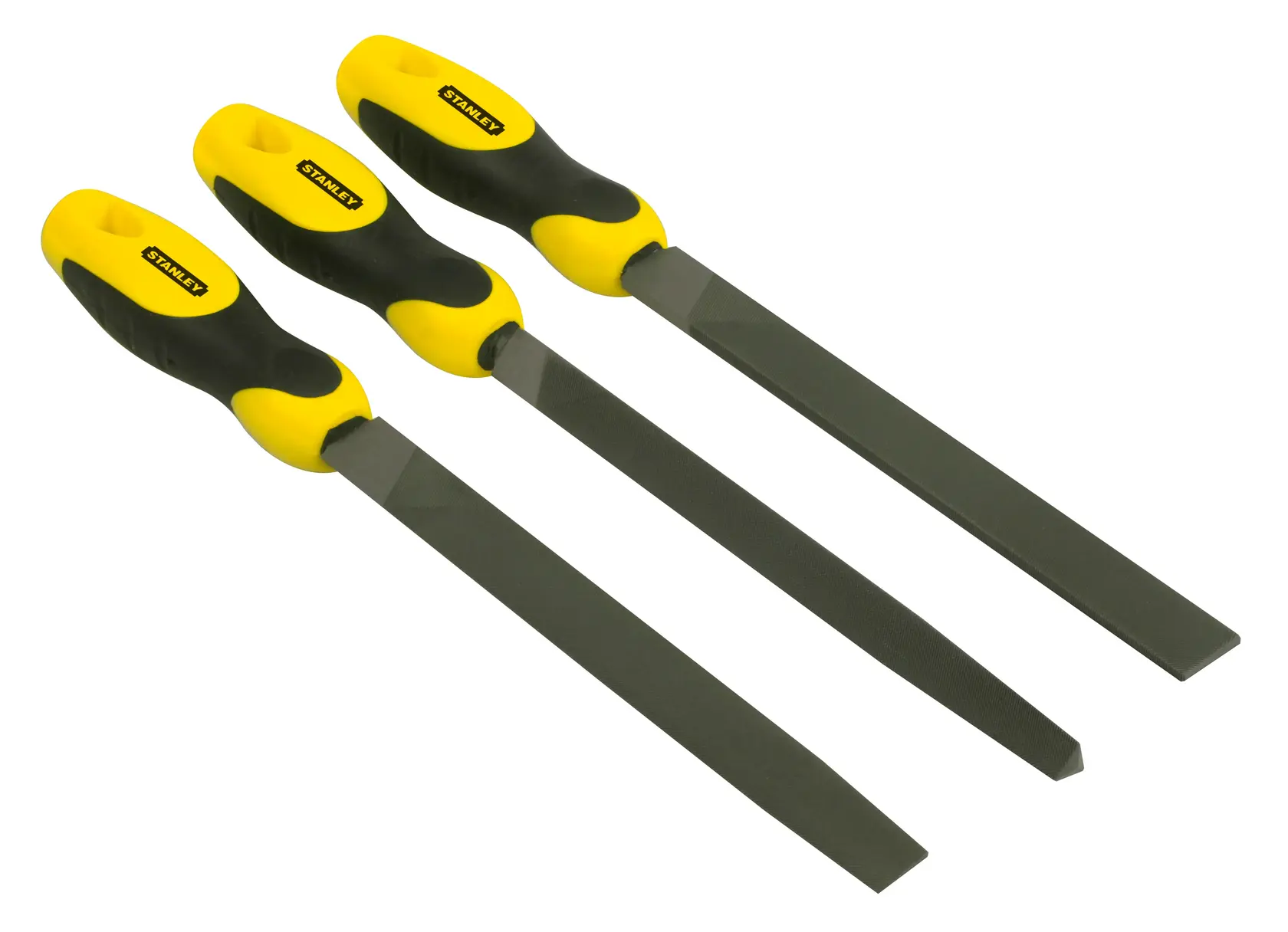 STANLEY 0-22-464 file set with yellow-black handles, three files, photography, top angle, hand tool category.