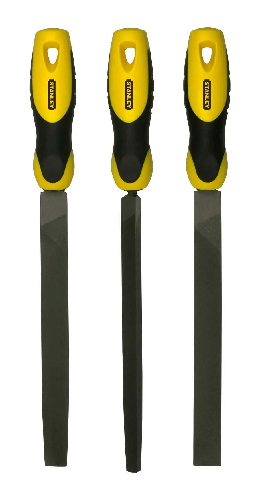 STANLEY 0-22-464 three-piece file set with yellow and black handles, front angle, hand tool photography.