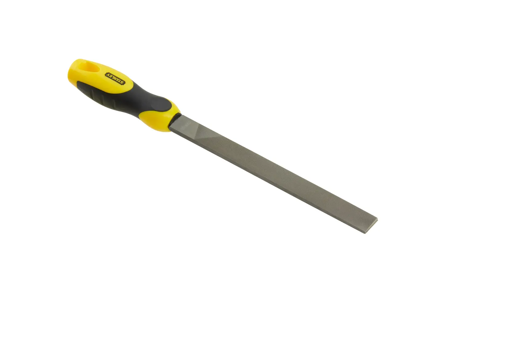 STANLEY 0-22-499 hand file with yellow and black handle, photography, flat file tool, angled on white background.