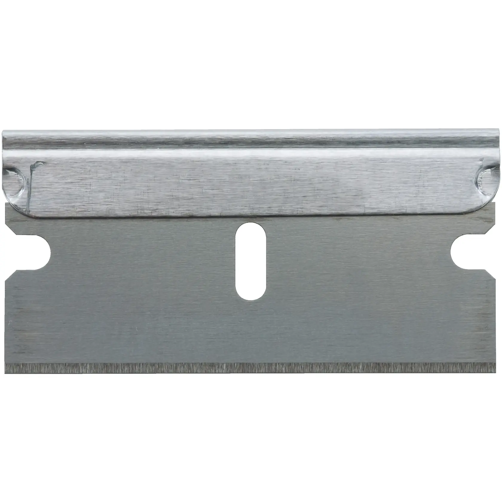 Photo of STANLEY 0-28-510 single edge razor blade, silver, flat, front view, for scraper tools.