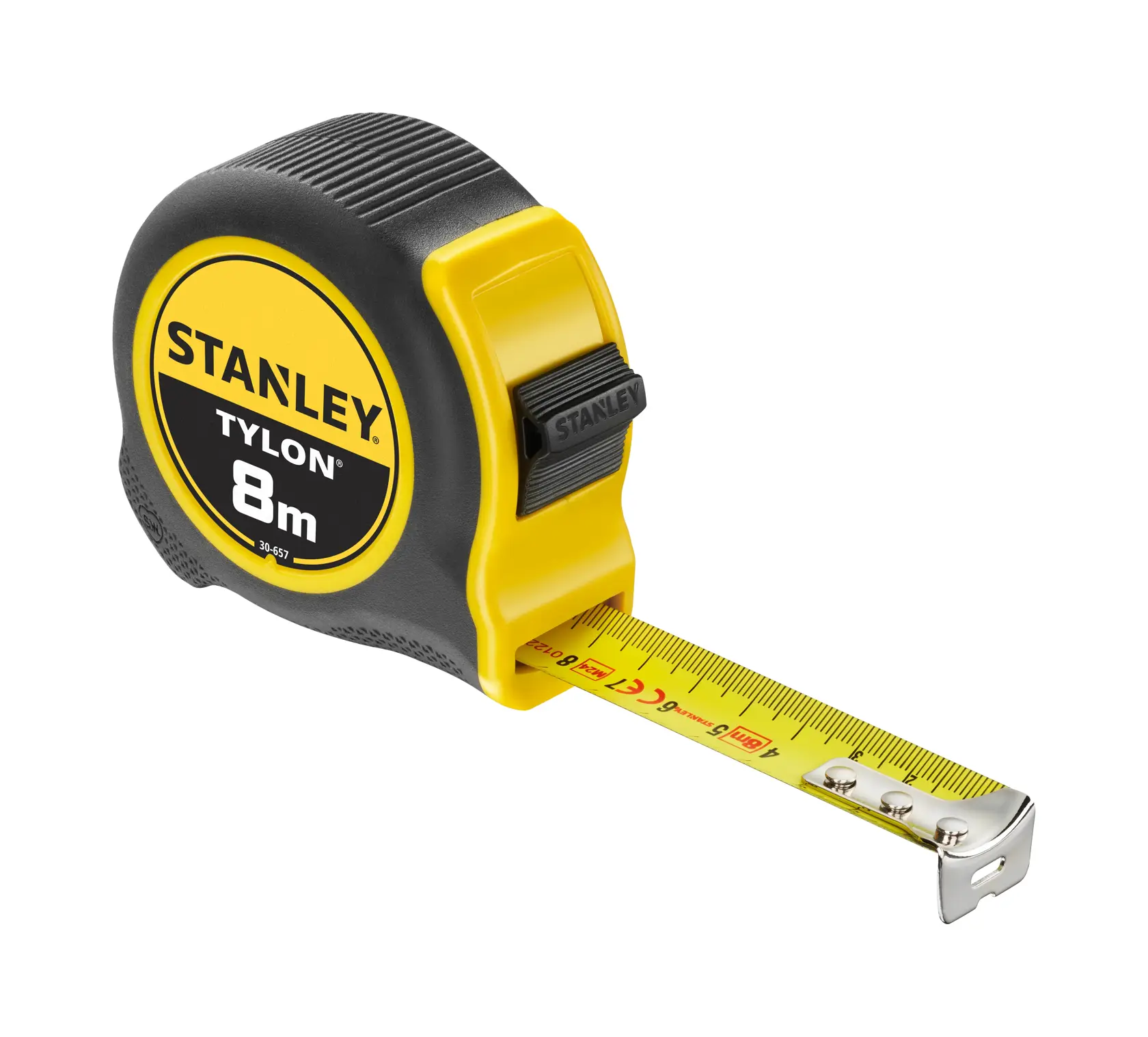 STANLEY 0-30-657 tape measure, 8m, yellow and black, side angle on white background.