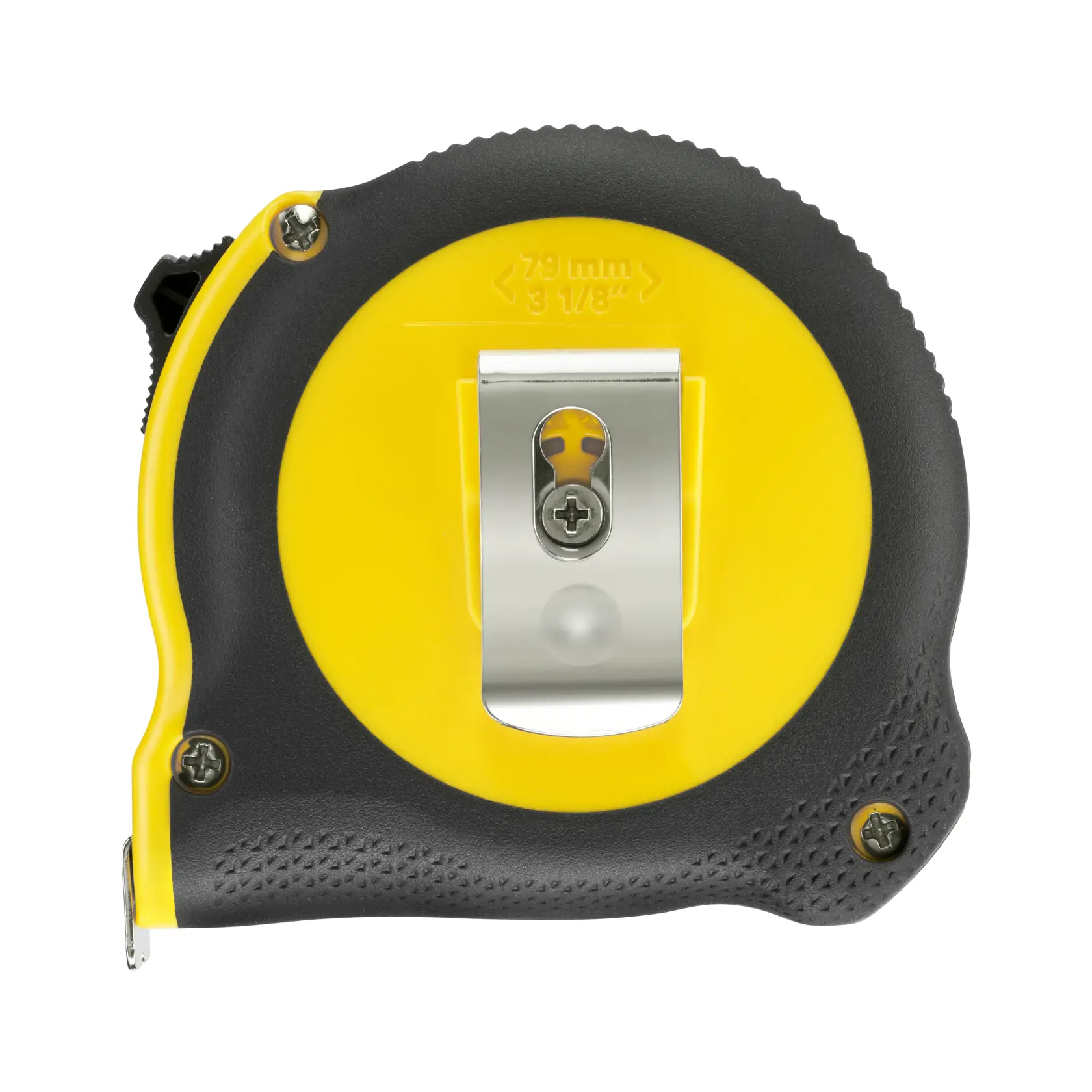 Photo of STANLEY 0-30-657 tape measure with yellow and black casing, shown from the back with metal belt clip.