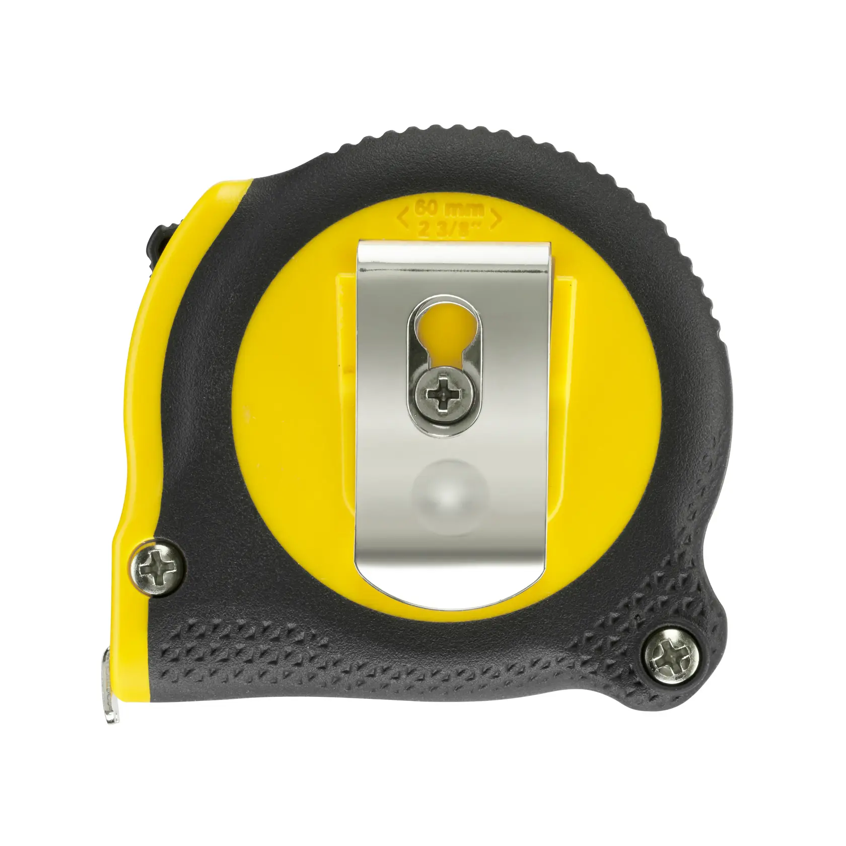 Photo of STANLEY 0-30-687 tape measure, yellow and black, rear view showing metal belt clip.