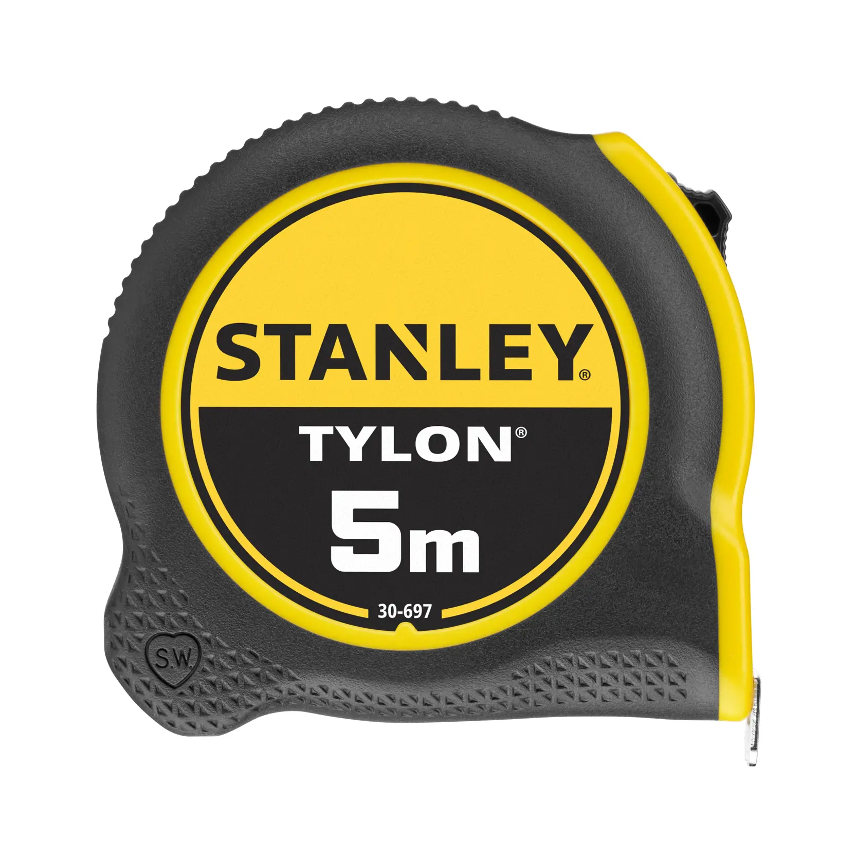 Stanley 0-30-697 tape measure, 5m, yellow and black, product photography, front view on white background.
