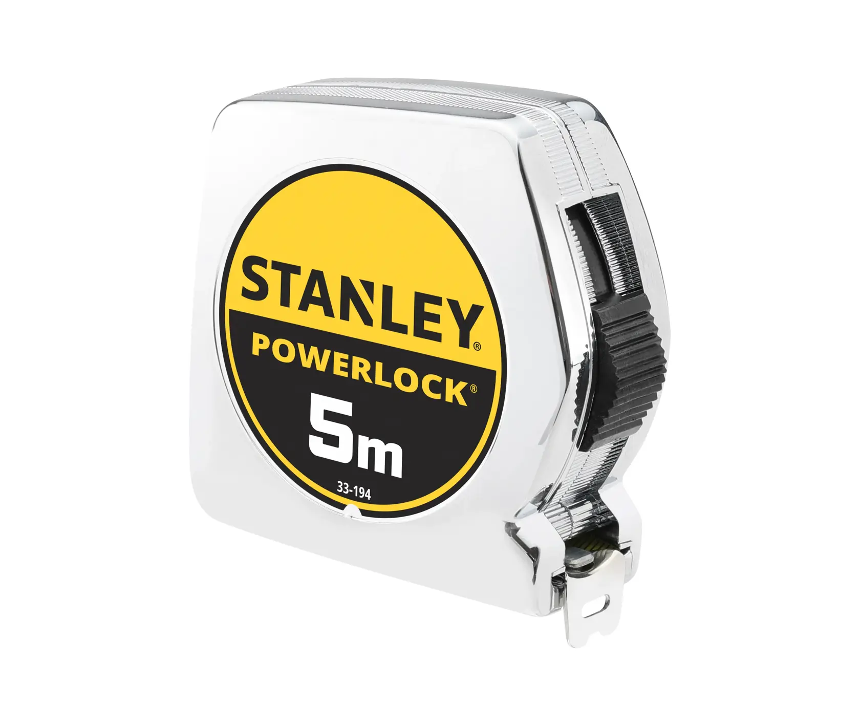 Stanley Powerlock 5m chrome tape measure with yellow and black label.