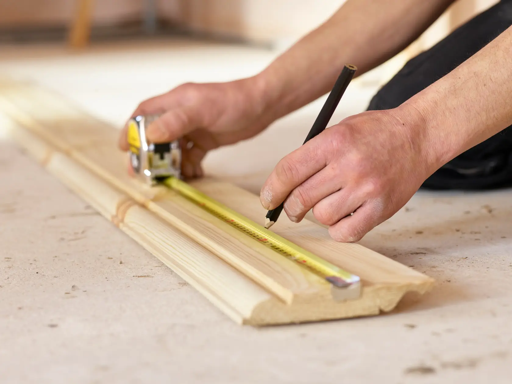 STANLEY 0-33-198 tape measure used to mark wood plank, close-up photography of product in use.