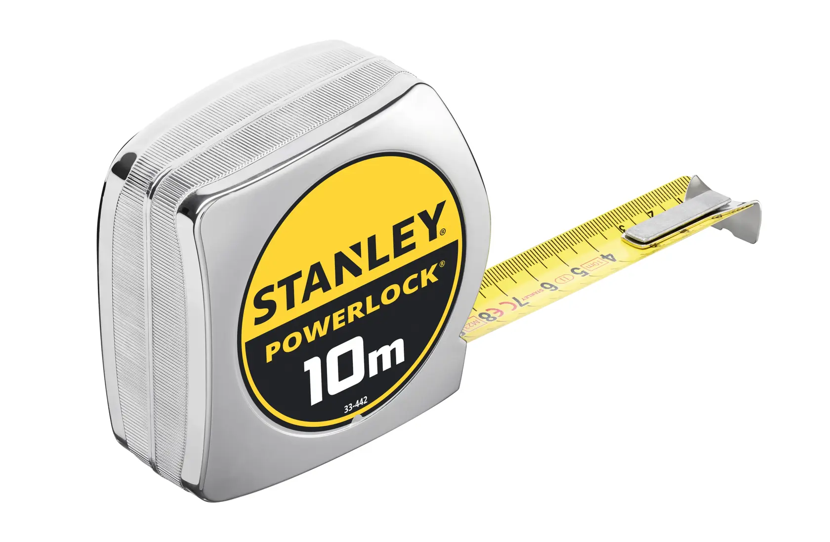 STANLEY 0-33-442 tape measure, yellow and chrome, with 10m blade, product side angle on white background.