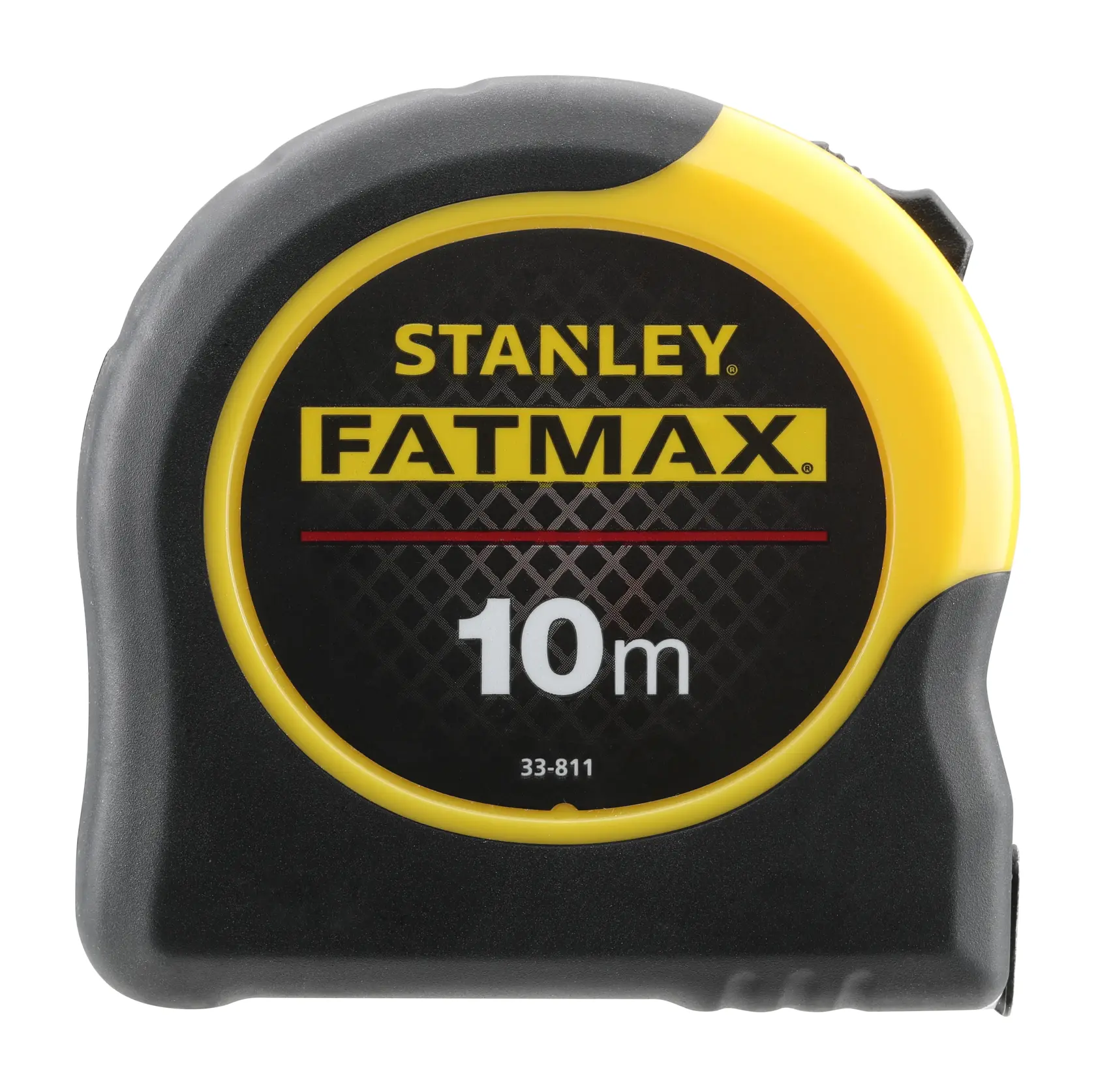STANLEY 0-33-811 FATMAX 10m tape measure, black and yellow casing, product front view, white background.