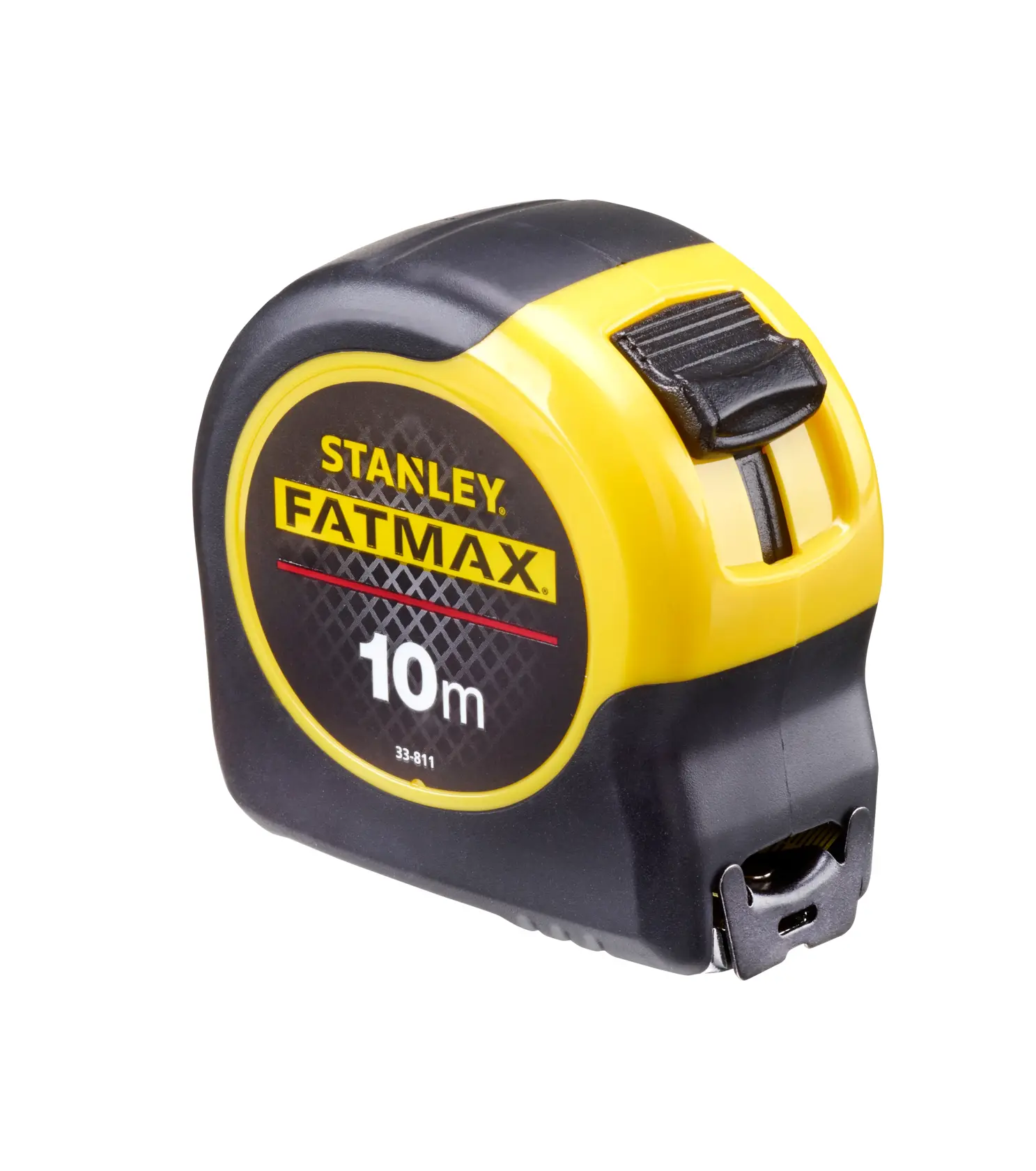 STANLEY FATMAX 0-33-811 tape measure, 10m length, black and yellow case, front angle on white background.