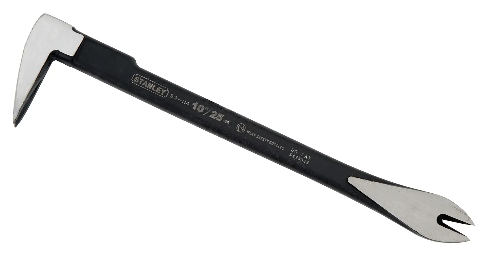 Stanley 10" wrecking bar tool with angled claw and flat end, used for demolition and nail removal.