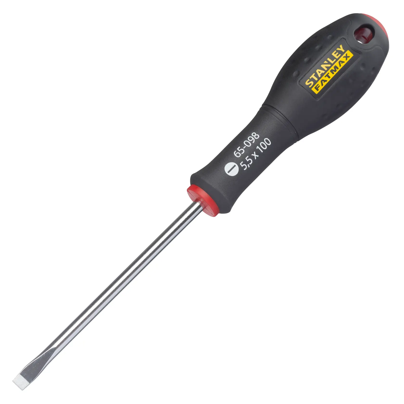 STANLEY 0-65-098 ratchet screwdriver with black and yellow handle, flat head, product photo on white background.