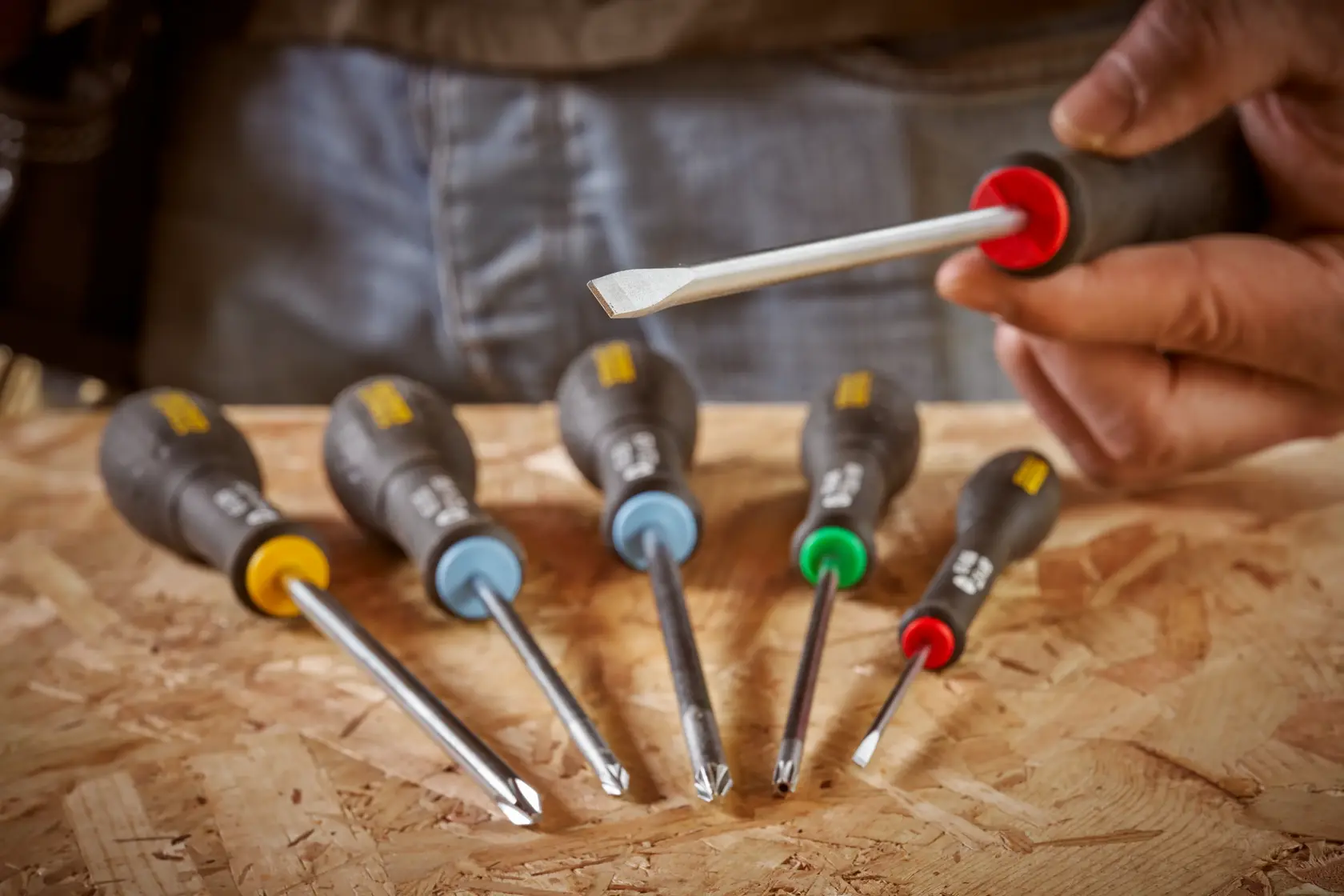 STANLEY 0-65-141 screwdriver set with color-coded handles on wooden surface, close-up photography.