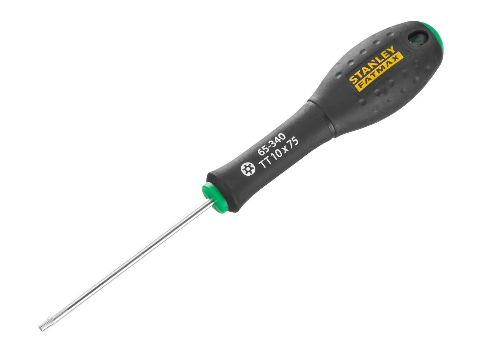 STANLEY 0-65-340 Torx screwdriver with black and green handle, TT10x75, photographed on white background.