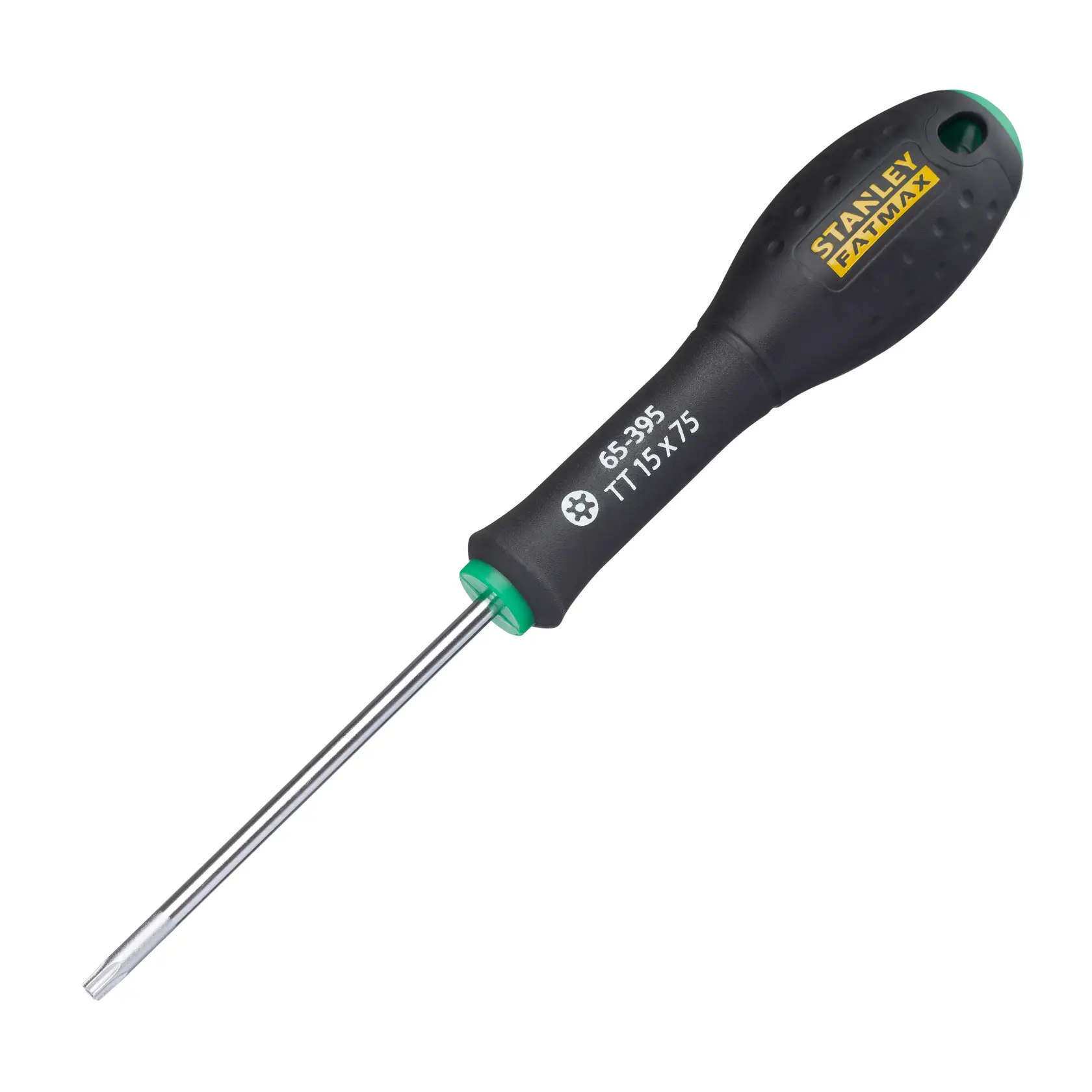 STANLEY 0-65-395 screwdriver with black and green handle, photographed angled on white background.
