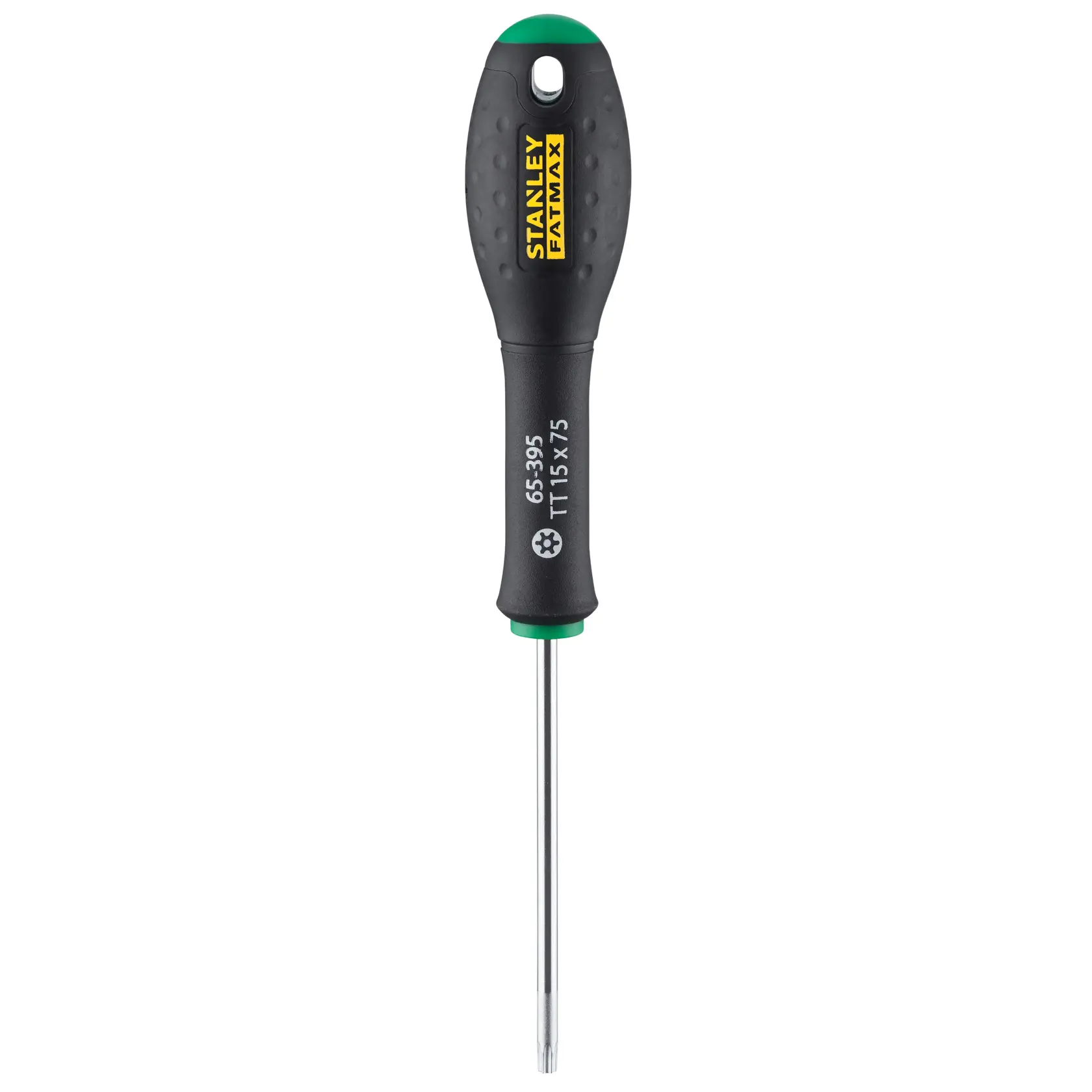STANLEY 0-65-395 black and green Torx screwdriver, ergonomic handle, front view on white background.