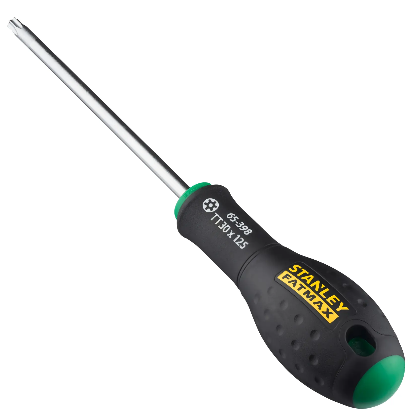 Photo of STANLEY 0-65-398 FATMAX Torx screwdriver with black and green handle, product angled on white background.