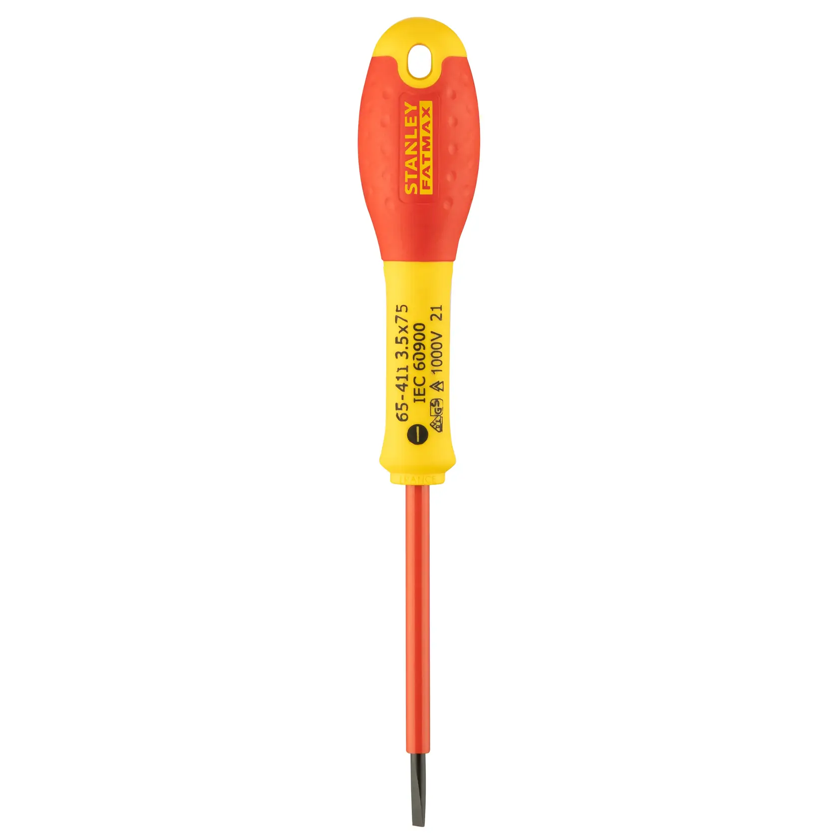 STANLEY 0-65-411 insulated flathead screwdriver, yellow and red handle, front view on white background.