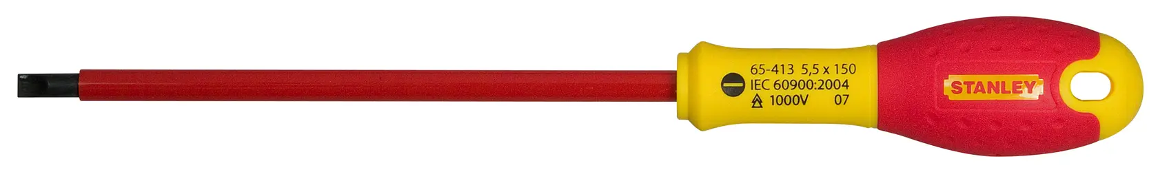 STANLEY 0-65-413 insulated screwdriver with red shaft, yellow and red handle, side view, white background.