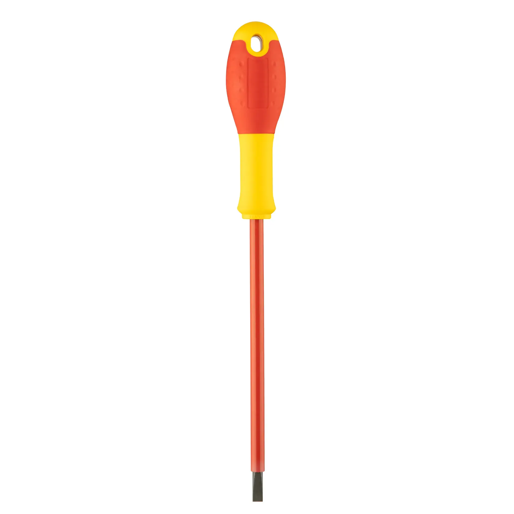 STANLEY 0-65-413 insulated slotted screwdriver, red and yellow handle, front view on white.