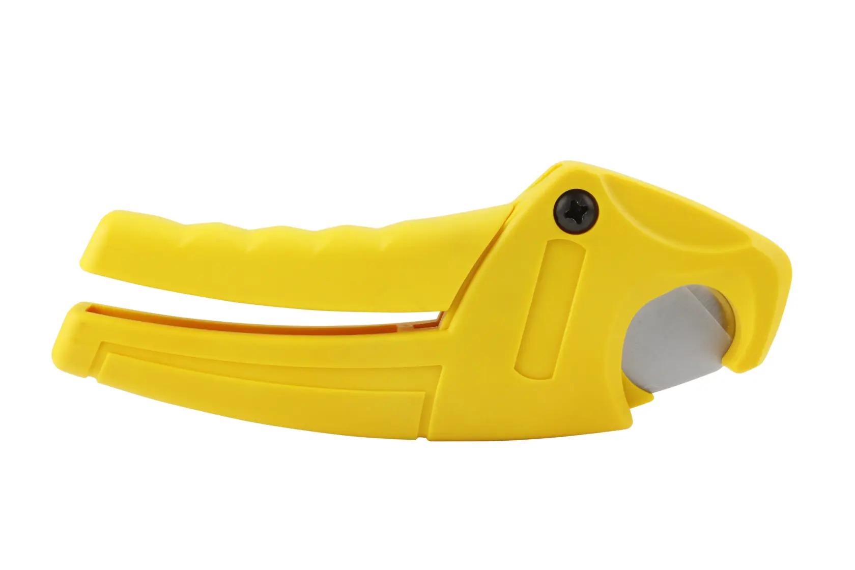 STANLEY 0-70-450 yellow plastic pipe cutter, side angle, showing curved cutting blade and ergonomic handle.