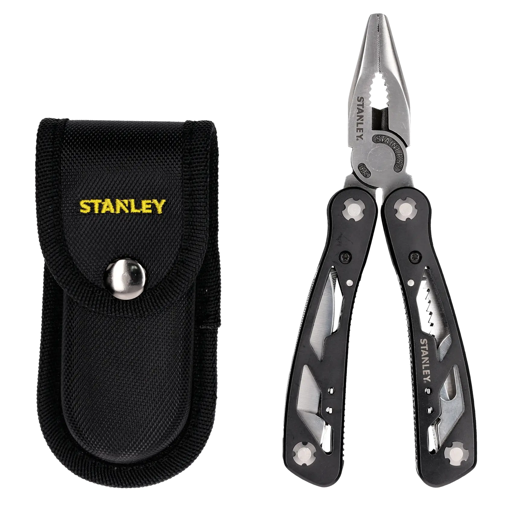 STANLEY 0-84-519 multi-tool with pliers, knife, screwdrivers, and tools, silver finish, front angle on white background.