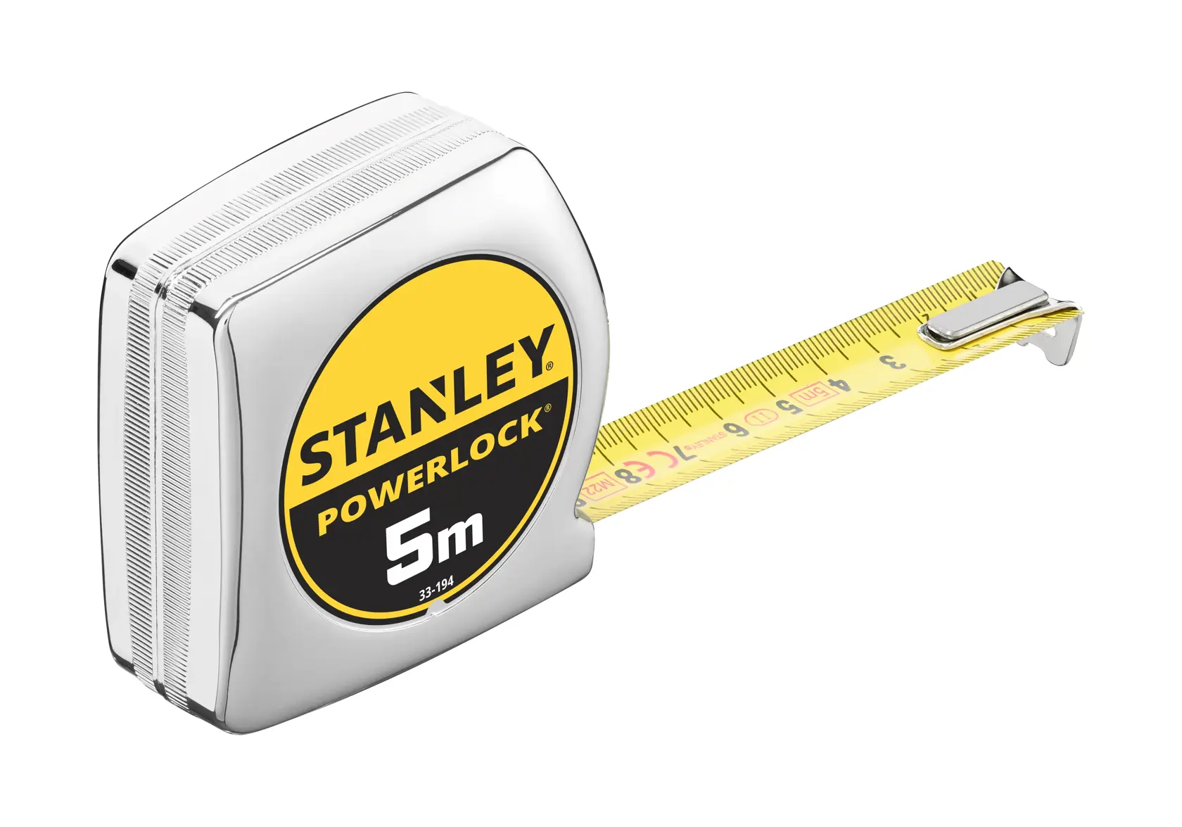 STANLEY 1-33-194 tape measure, 5m PowerLock, yellow blade, product side angle, photography.