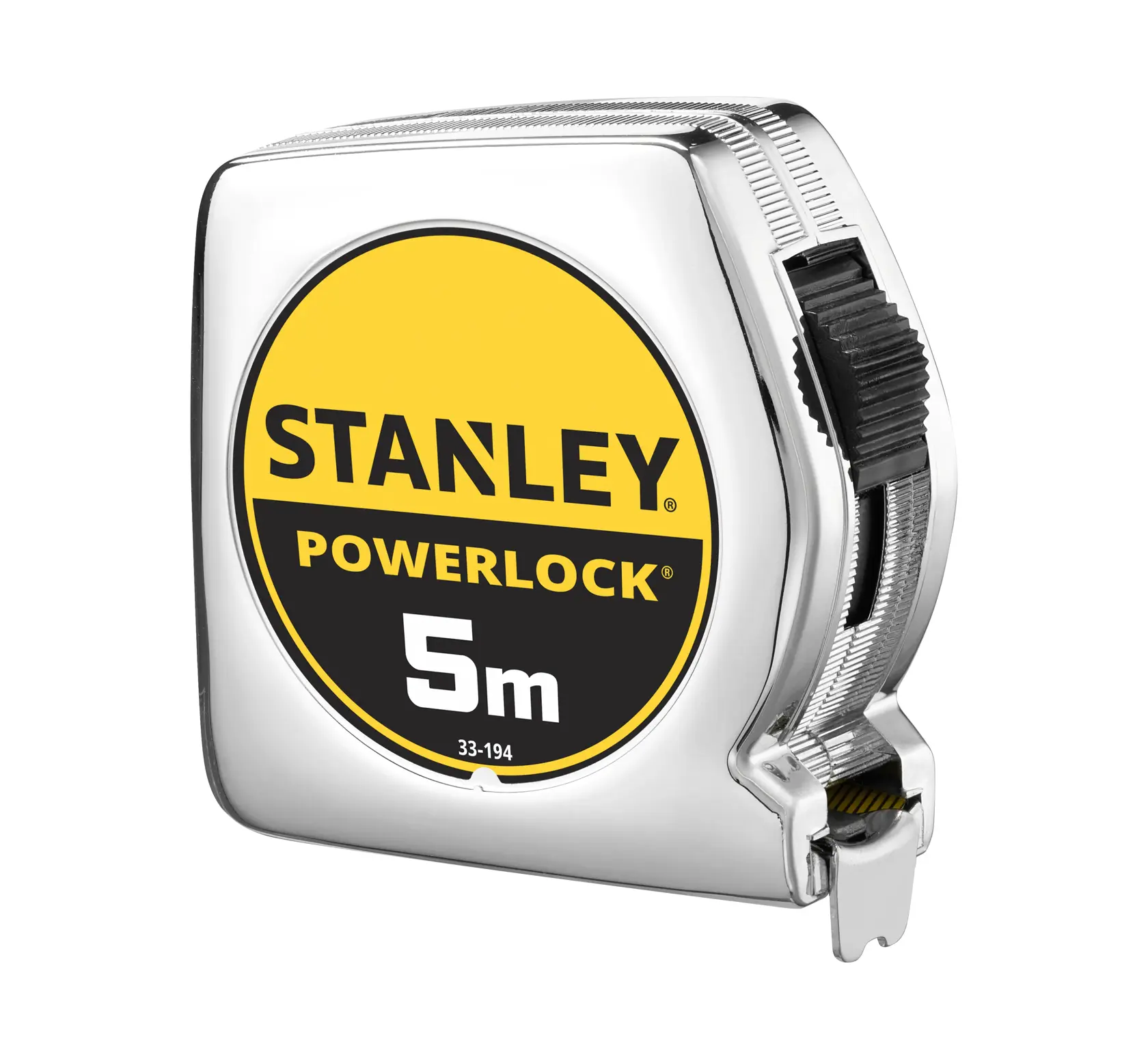 STANLEY 1-33-194 tape measure with yellow and black label, 5m length, photography, front angle on white background.