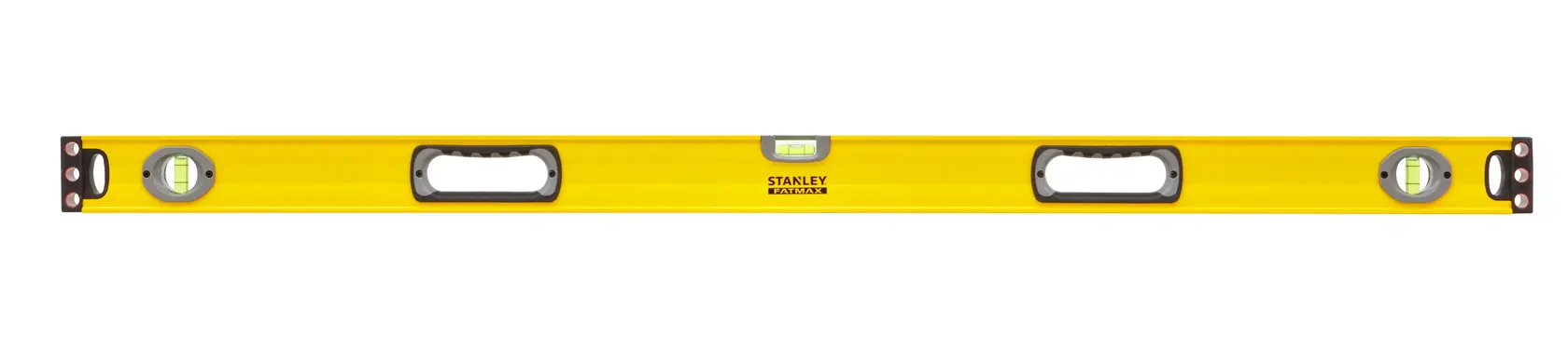 Photo of STANLEY 1-43-548 yellow spirit level with three vials, two handles, front angle on white background.