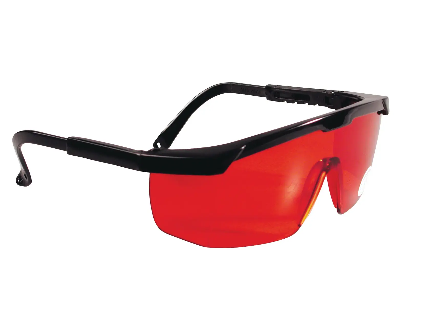 STANLEY 1-77-171 safety glasses with black frame and red lens, side view on white background.