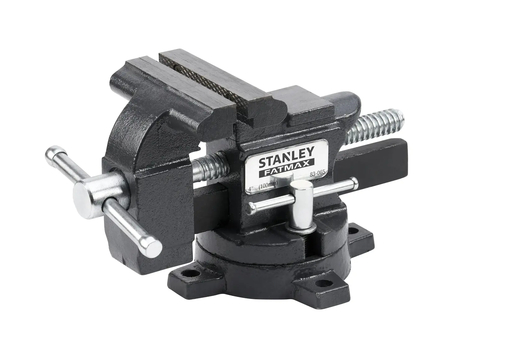 STANLEY 1-83-065 steel bench vise, black, front angle on white background.