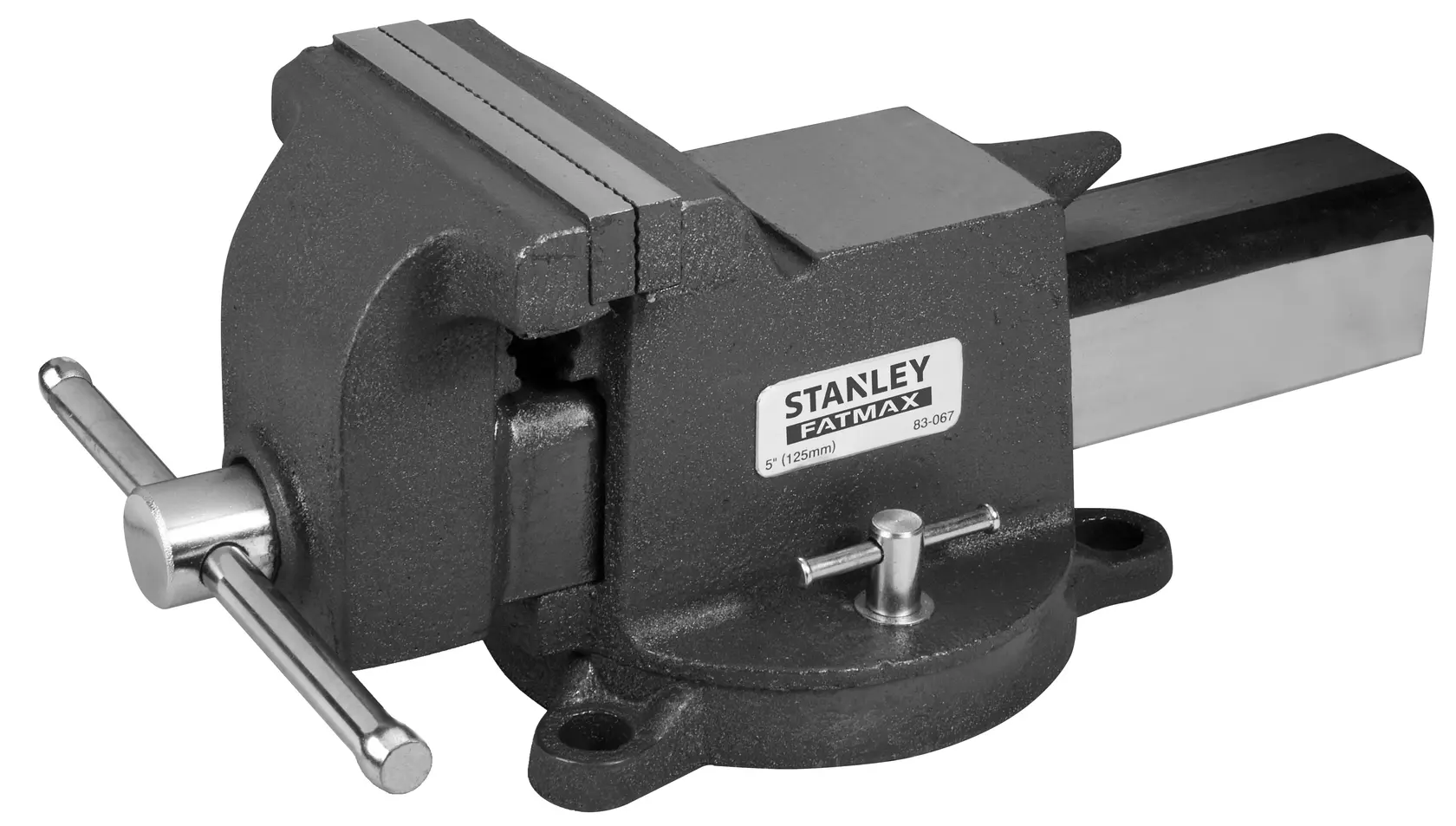 STANLEY bench vise, photography, black metal, SKUs 83-067, 1-83-067, side angle, FATMAX label visible.