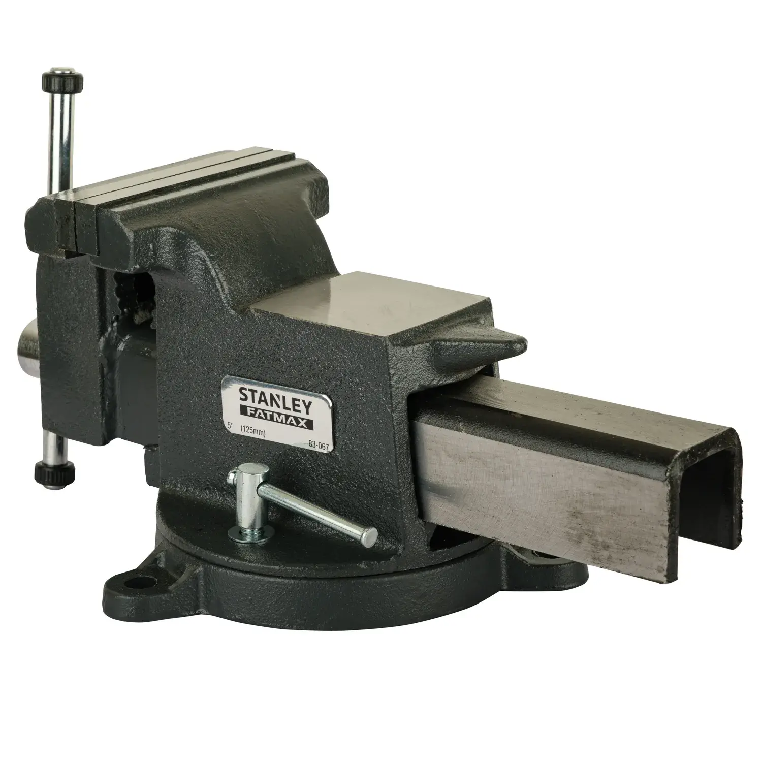 STANLEY vise, SKUs 83-067 and 1-83-067, black bench tool, side angle on white background, Photography.