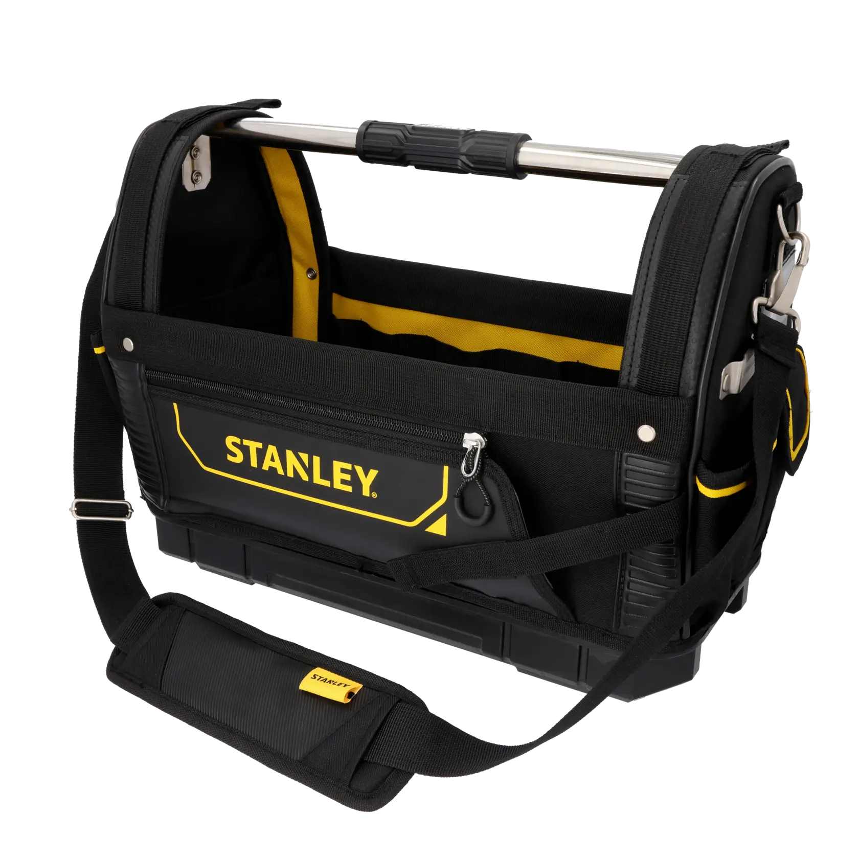 STANLEY 1-93-951 tool bag with open top, black and yellow, front angle, reinforced handle.