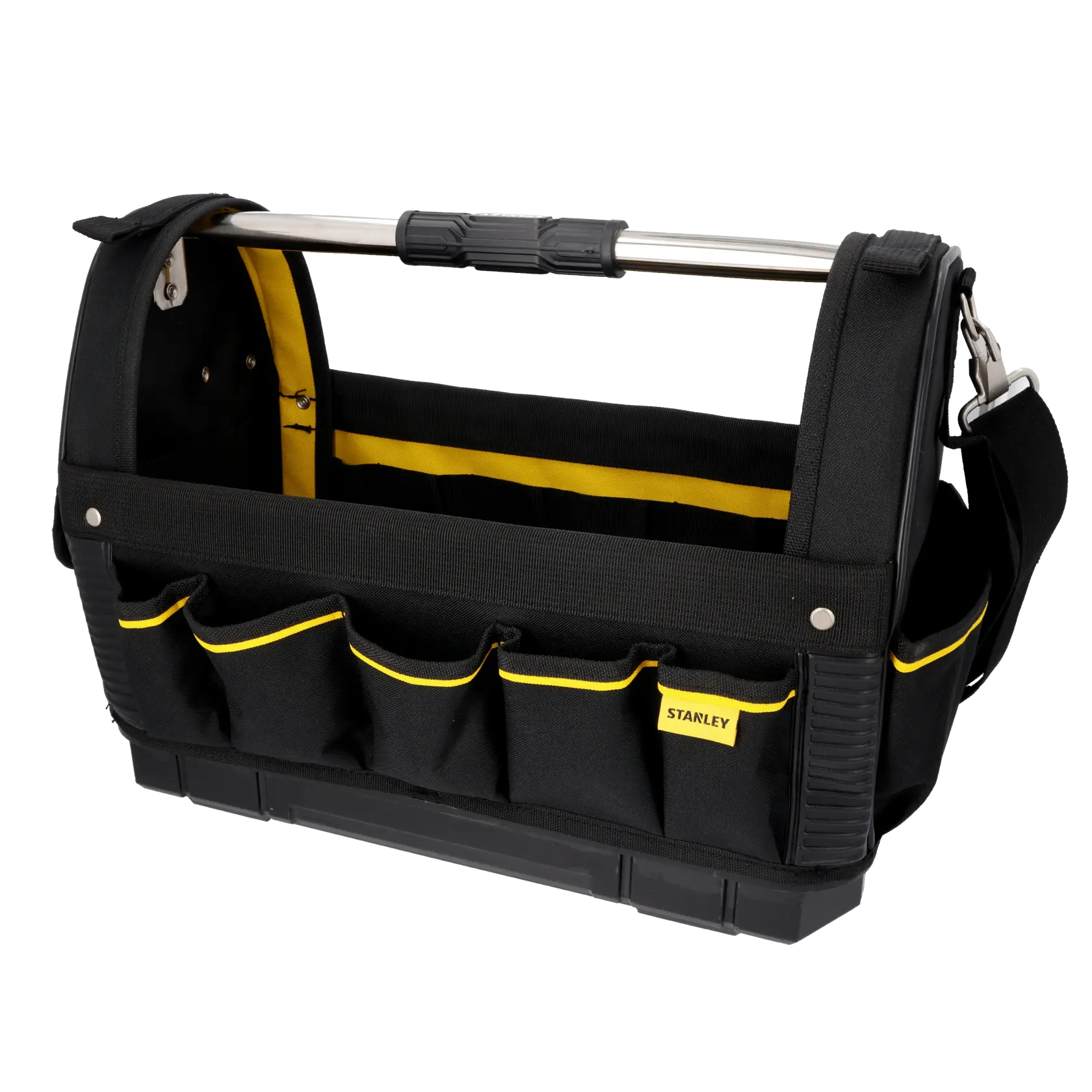 STANLEY 1-93-951 tool bag, black and yellow, front angle, open top with metal handle.