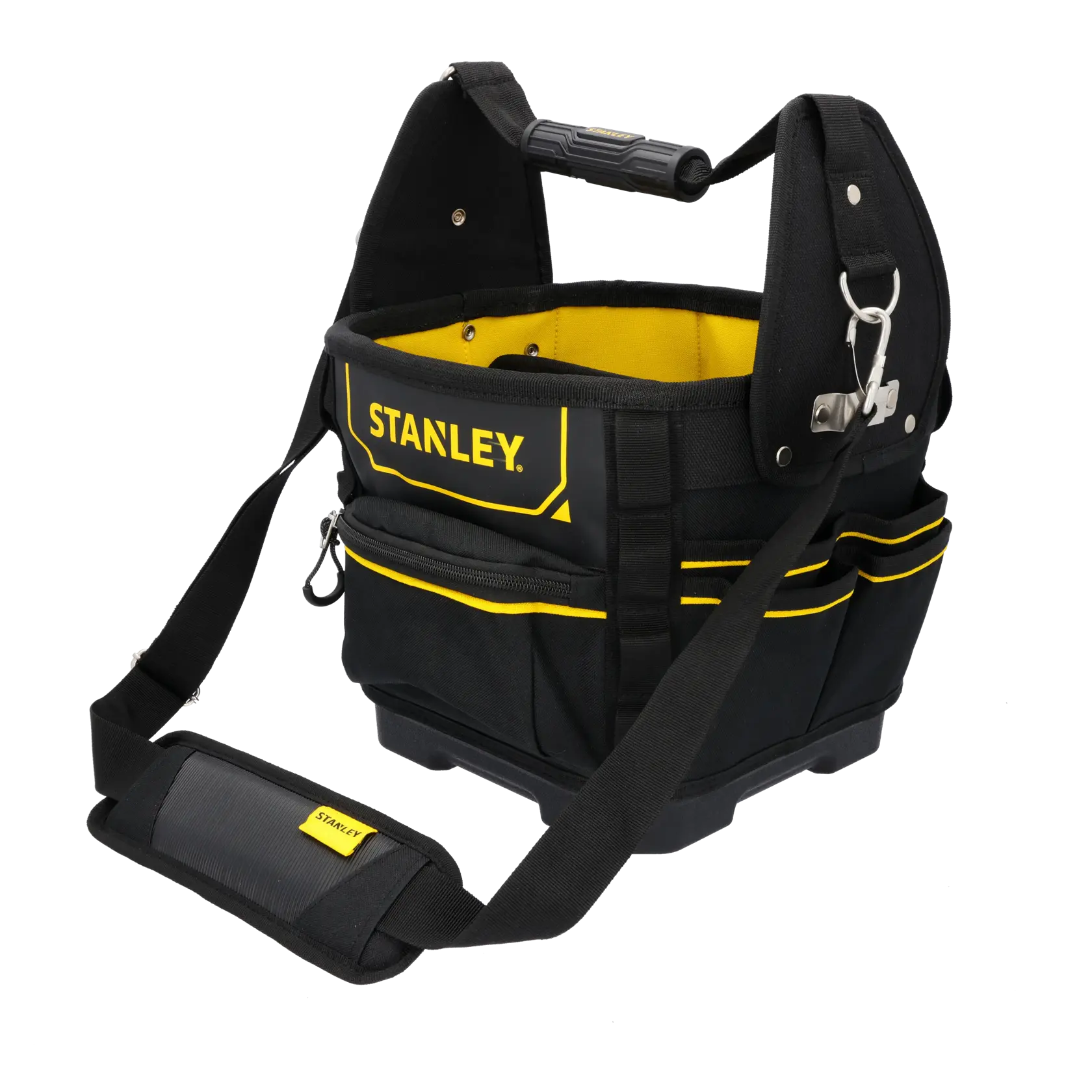 STANLEY 1-93-952 tool bag with multiple interior pockets, top view, black and yellow fabric.