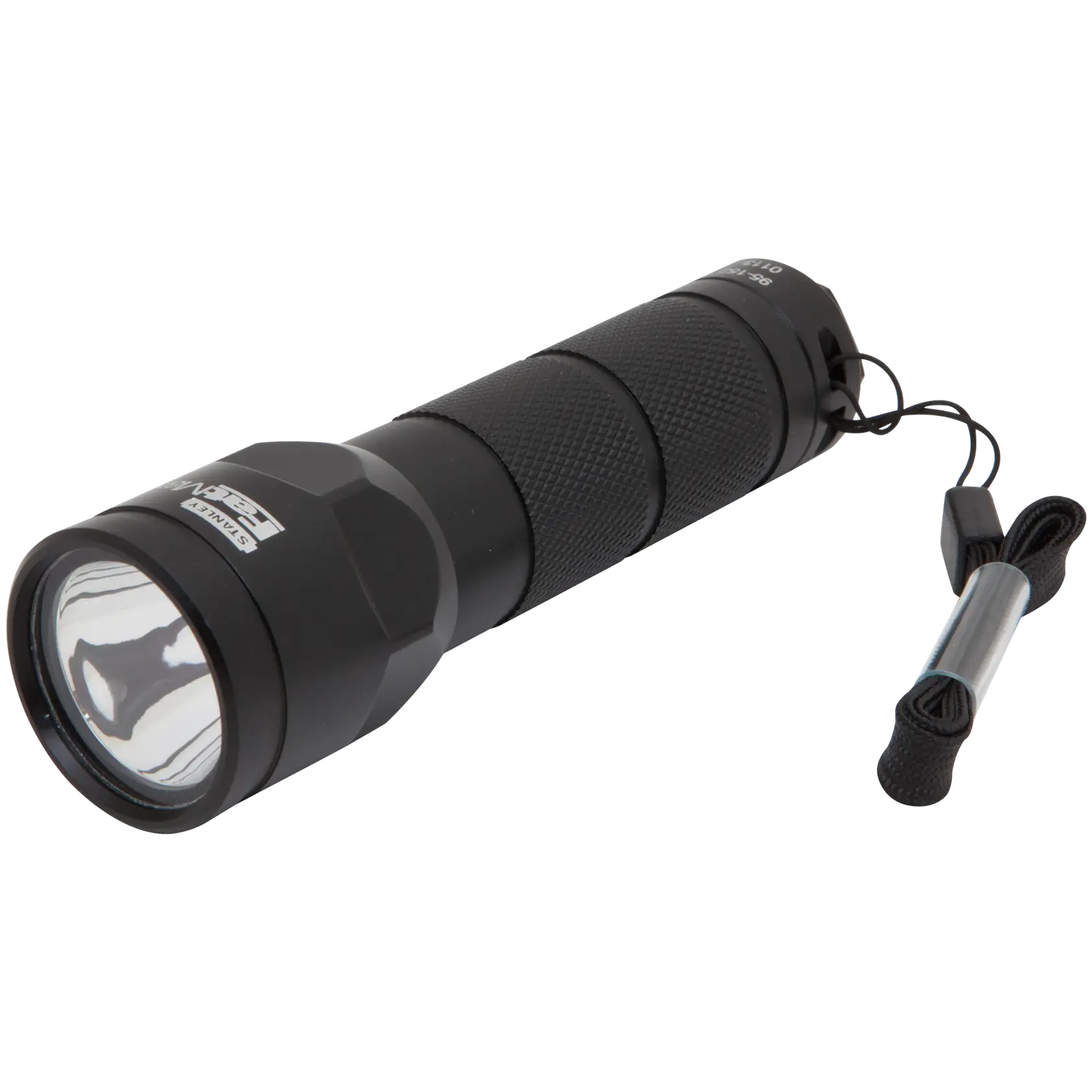 Stanley black handheld flashlight with textured grip and wrist strap, angled on white background