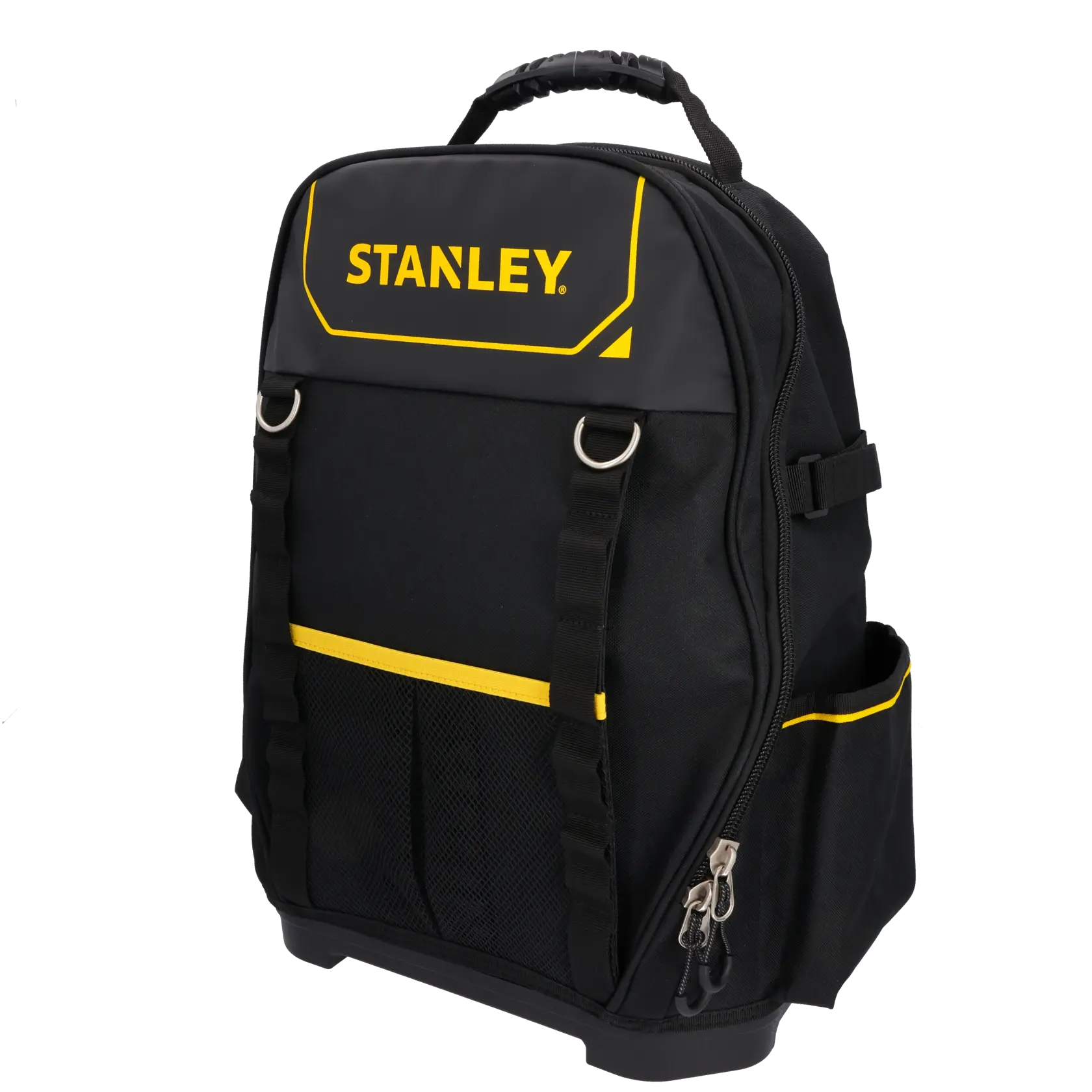 STANLEY 1-95-611 tool backpack with yellow interior, open front view displaying organized hand tools and compartments.