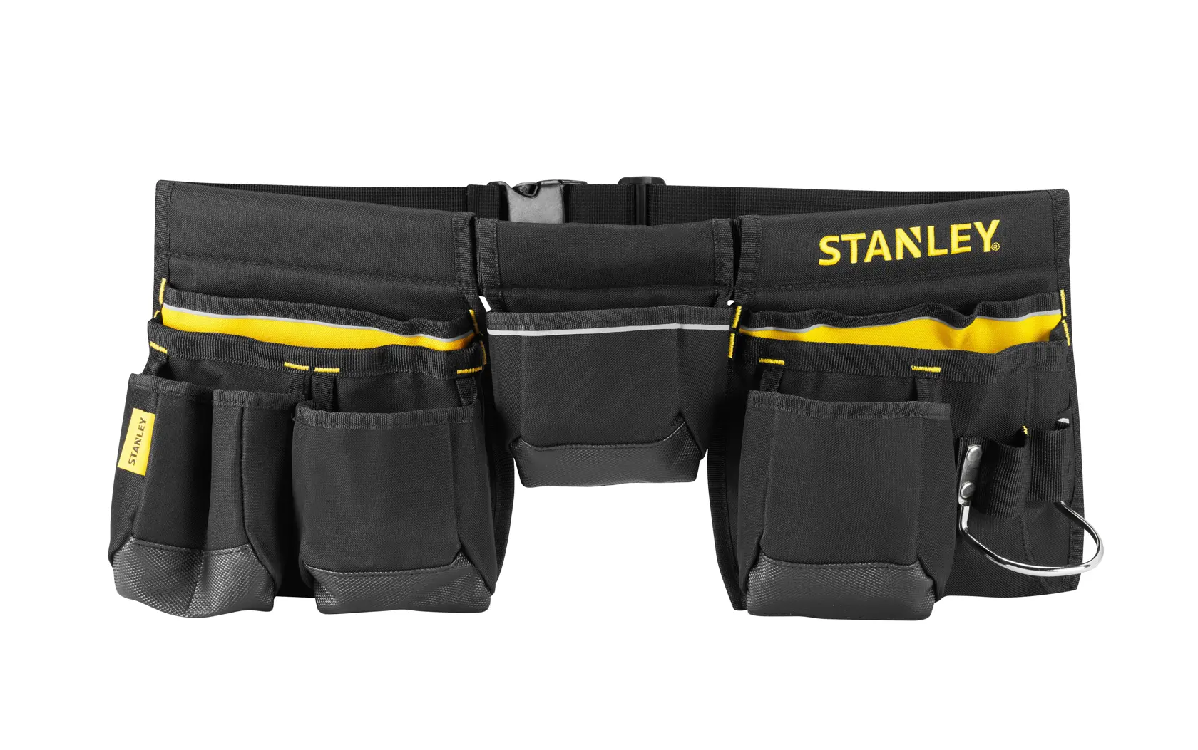 STANLEY 1-96-178 tool belt photography, black and yellow, multiple pockets, front angle, white background.